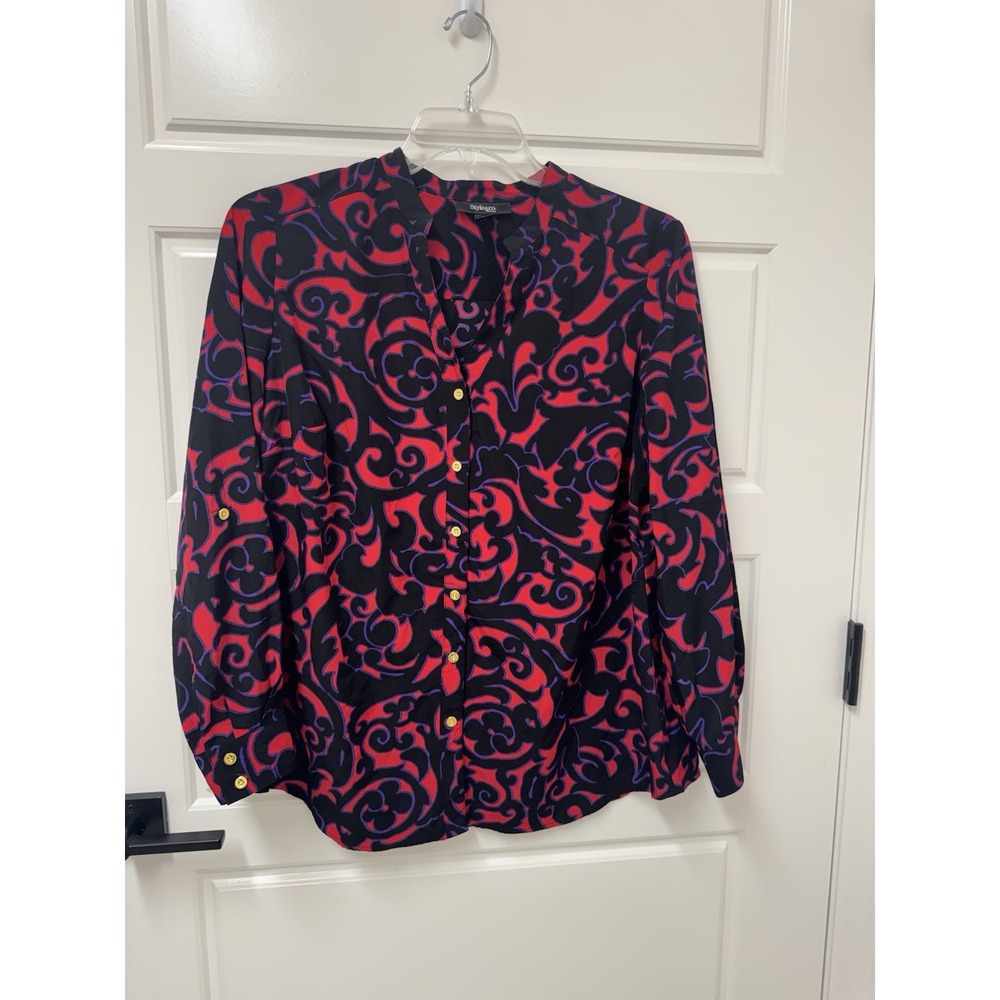 Style & Co Woman 1X Blouse Top Roll Tab Sleeve Gold Button Front Nice! A4
